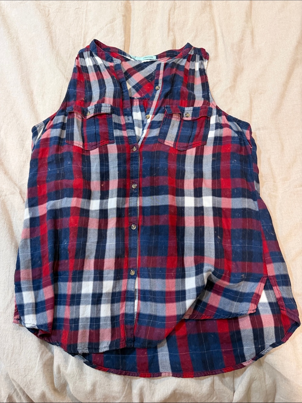 Maurices Red, Navy & White Plaid Sleeveless Button-Up Tank